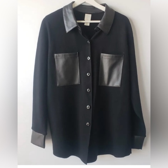 Joie black shacket with faux leather pockets and trim medium - Picture 1 of 5